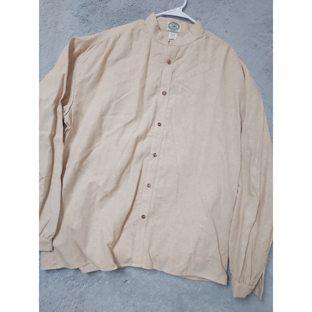 Alices Cottage Shirt Mens XL Poet Pilgrim Cotton Tan Grandfather Band Collar